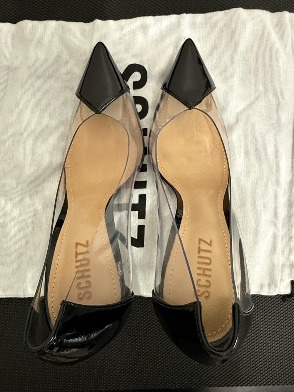 SCHUTZ Black Patent Cendi Pumps Pointed Toe Clear Panel Heels - sz 8 - Picture 7 of 13